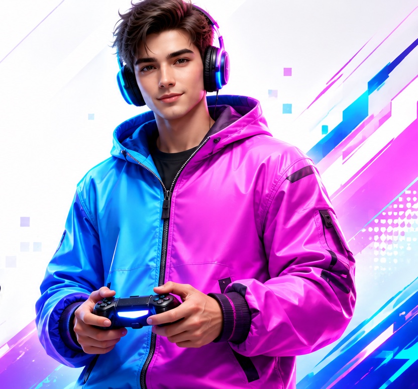 Un giovane tester con cuffie e gamepad, in una giacca blu e rosa